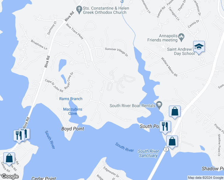 map of restaurants, bars, coffee shops, grocery stores, and more near 3013 Solstice Lane in Annapolis