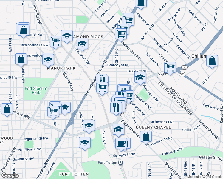map of restaurants, bars, coffee shops, grocery stores, and more near 101 Independence Avenue Southeast in Washington