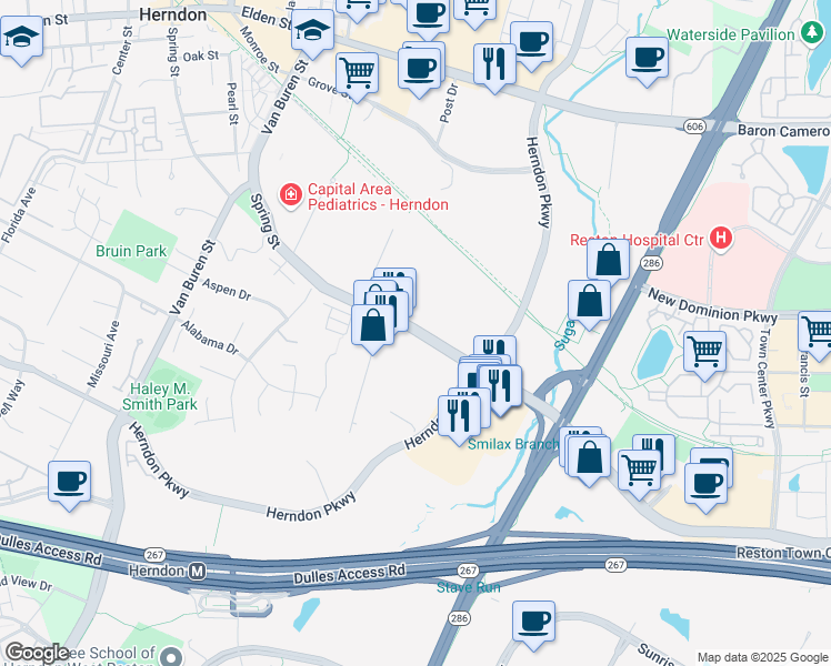 map of restaurants, bars, coffee shops, grocery stores, and more near 301 Spring Street in Herndon