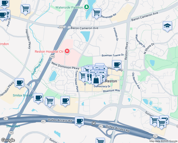 map of restaurants, bars, coffee shops, grocery stores, and more near 12025 New Dominion Parkway in Reston
