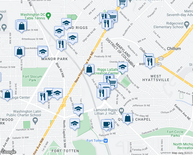 map of restaurants, bars, coffee shops, grocery stores, and more near 5727 Chillum Place Northeast in Washington