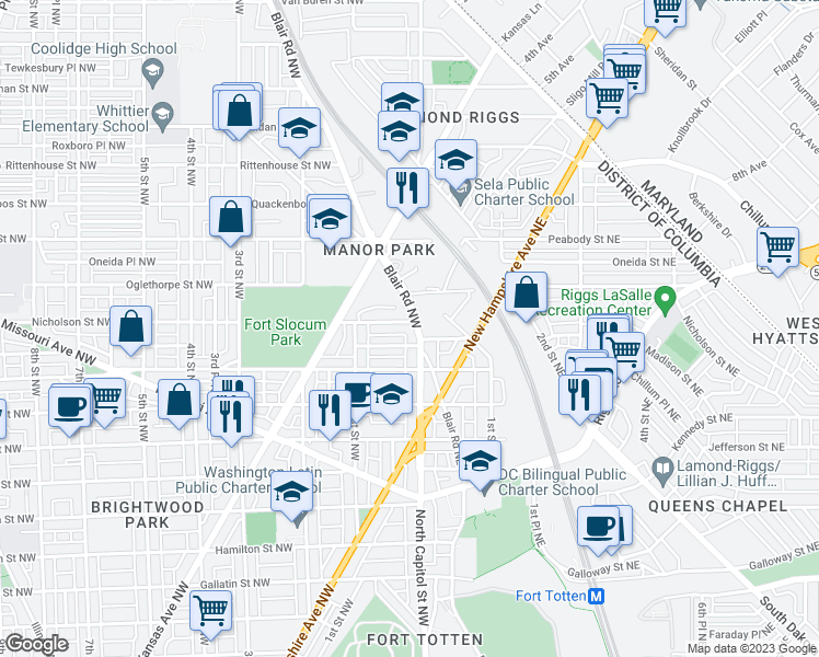 map of restaurants, bars, coffee shops, grocery stores, and more near 5730 Blair Road Northwest in Washington
