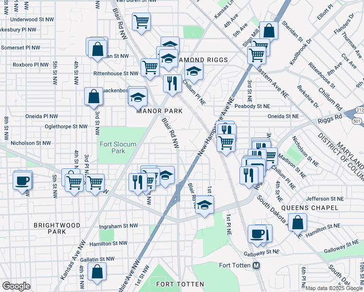 map of restaurants, bars, coffee shops, grocery stores, and more near 5729 North Capitol Street Northeast in Washington