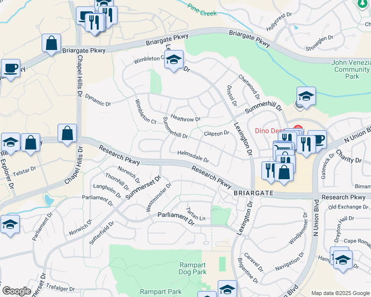 map of restaurants, bars, coffee shops, grocery stores, and more near 2785 Helmsdale Drive in Colorado Springs