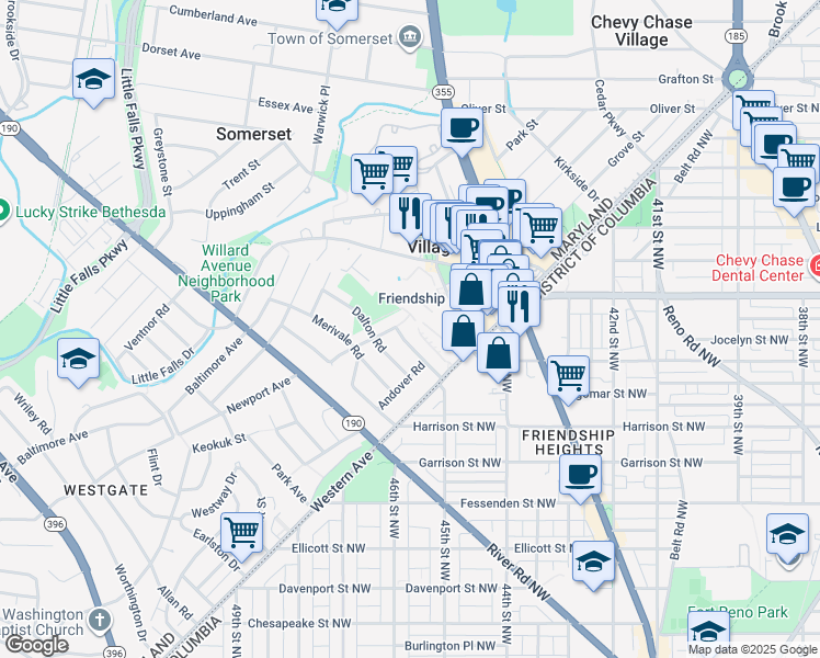 map of restaurants, bars, coffee shops, grocery stores, and more near in Bethesda