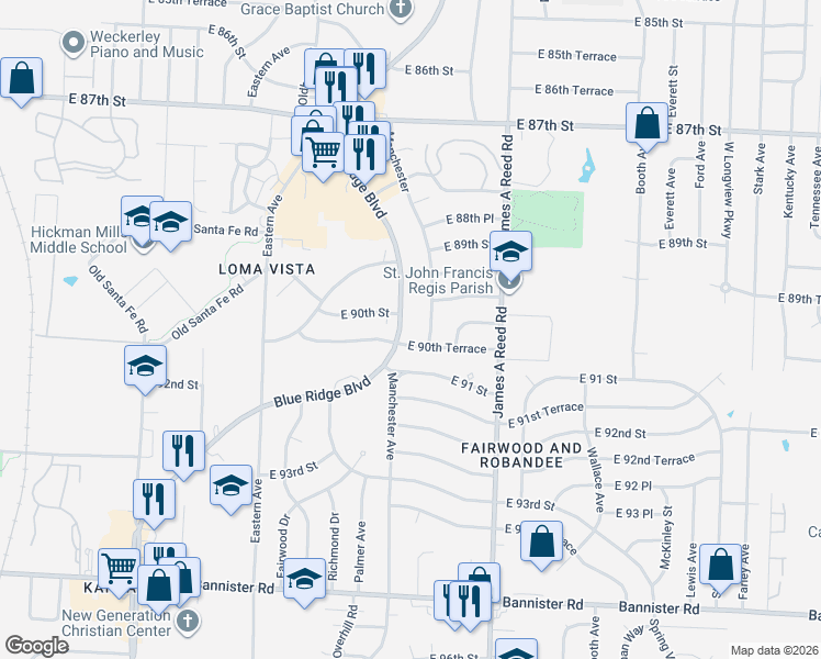 map of restaurants, bars, coffee shops, grocery stores, and more near 7803 East 90th Terrace in Kansas City