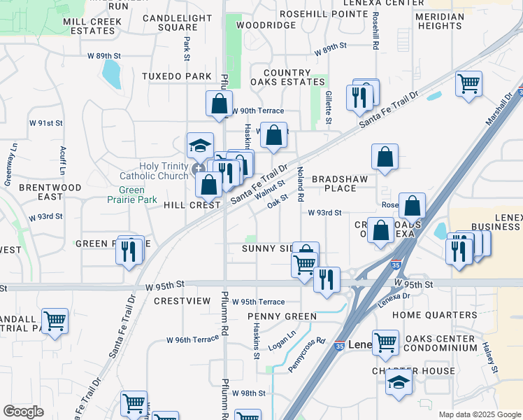 map of restaurants, bars, coffee shops, grocery stores, and more near in Lenexa