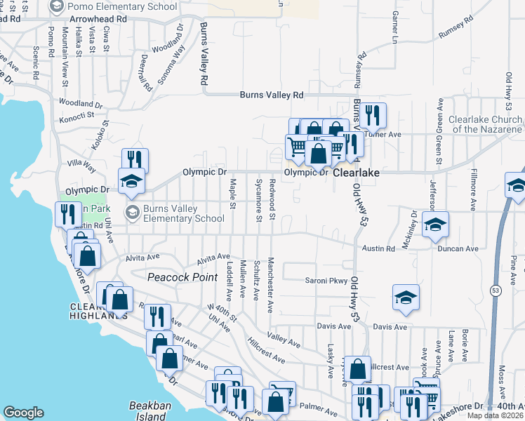 map of restaurants, bars, coffee shops, grocery stores, and more near 3628 Sycamore Street in Clearlake