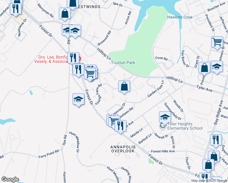 map of restaurants, bars, coffee shops, grocery stores, and more near 5 Rockwell Court in Annapolis