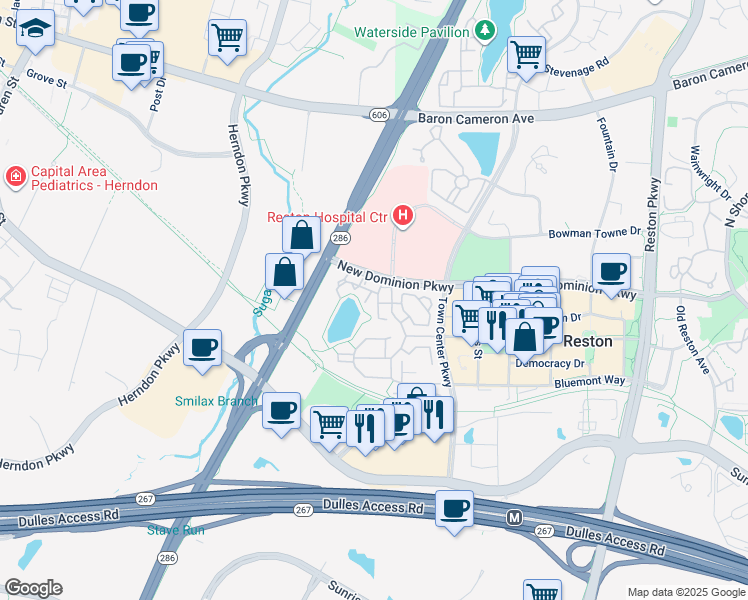 map of restaurants, bars, coffee shops, grocery stores, and more near 12165 Abington Hall Place in Reston