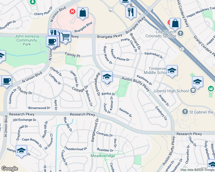 map of restaurants, bars, coffee shops, grocery stores, and more near 4190 Bardot Drive in Colorado Springs