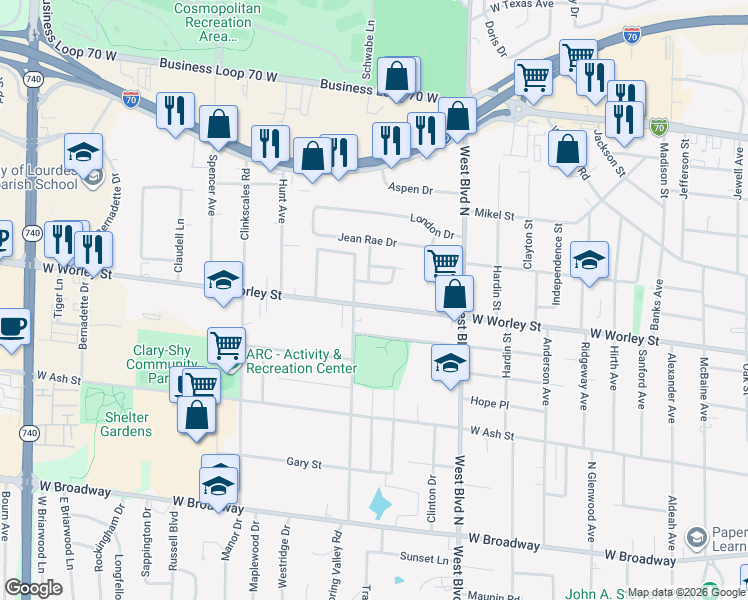 map of restaurants, bars, coffee shops, grocery stores, and more near 1206 West Worley Street in Columbia