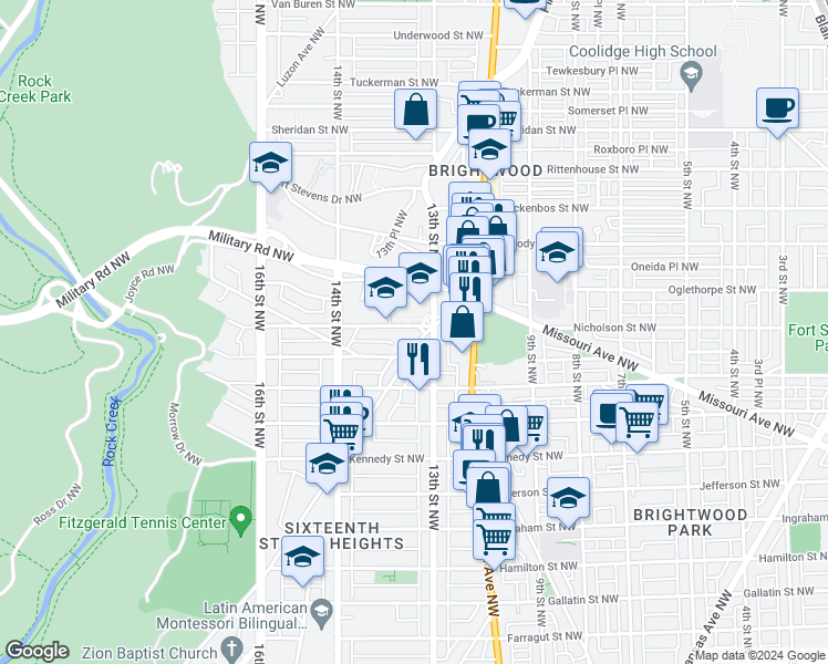 map of restaurants, bars, coffee shops, grocery stores, and more near 5754 Colorado Avenue Northwest in Washington