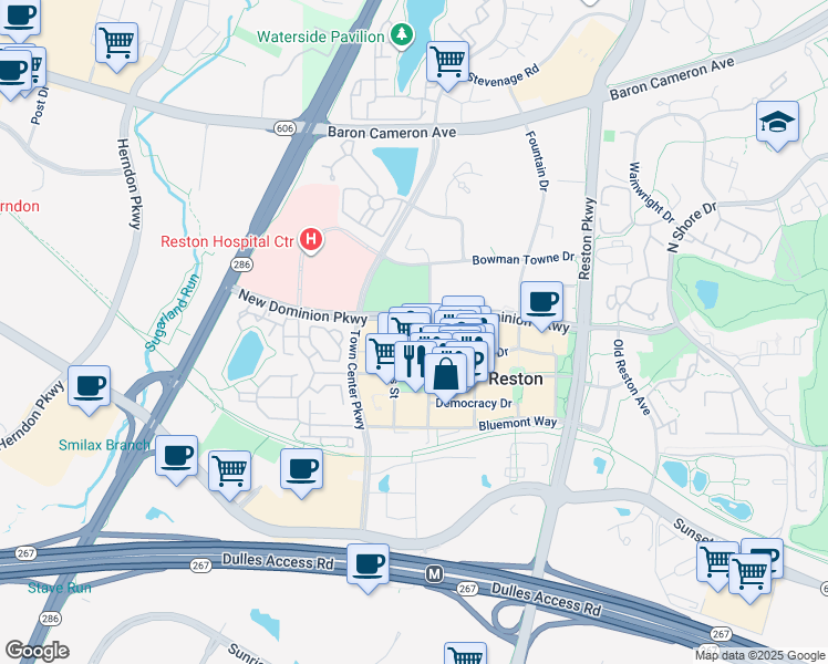 map of restaurants, bars, coffee shops, grocery stores, and more near 12025 New Dominion Parkway in Reston