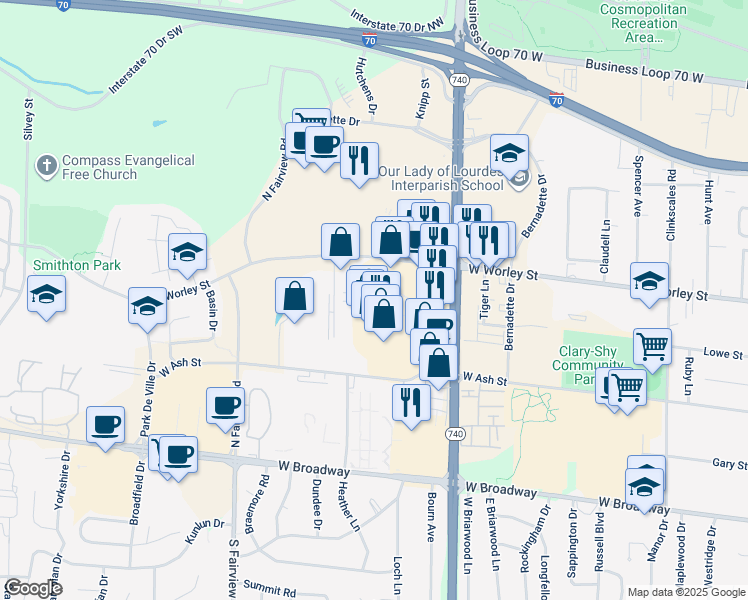 map of restaurants, bars, coffee shops, grocery stores, and more near 217 North Stadium Boulevard in Columbia