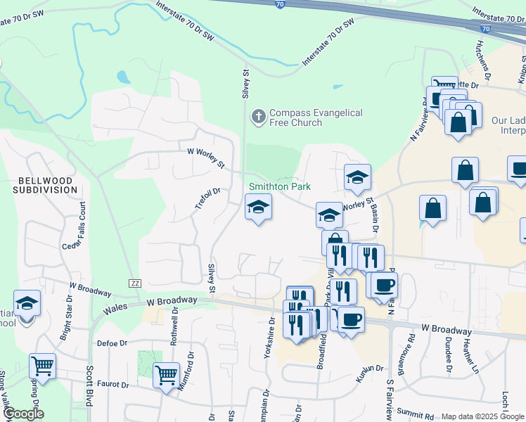 map of restaurants, bars, coffee shops, grocery stores, and more near 3600 West Worley Street in Columbia