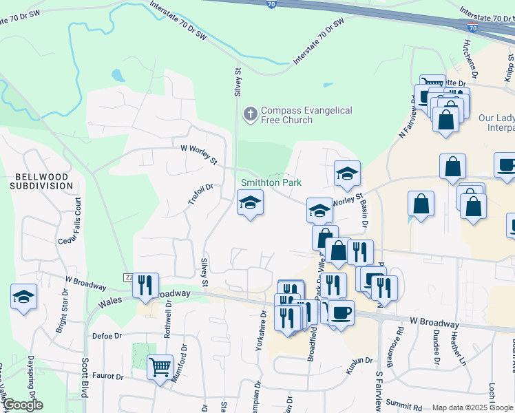 map of restaurants, bars, coffee shops, grocery stores, and more near 3600 West Worley Street in Columbia