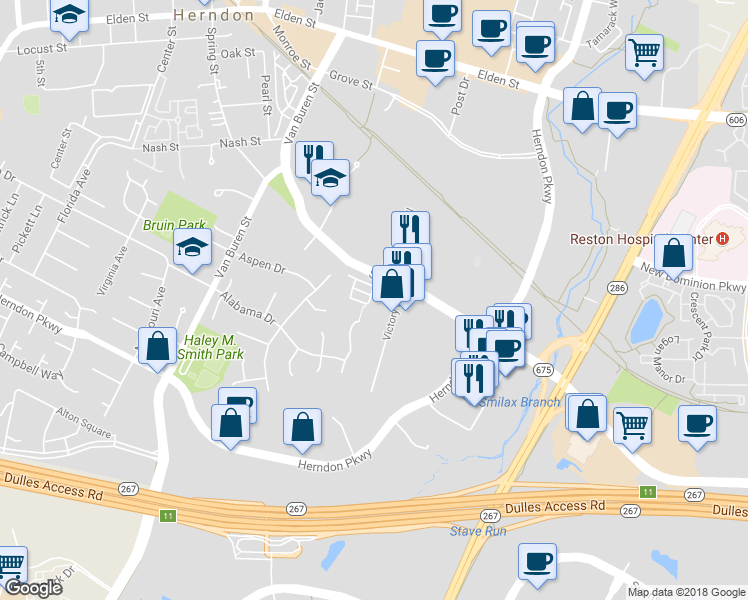 map of restaurants, bars, coffee shops, grocery stores, and more near 111 Gracie Park Drive in Herndon