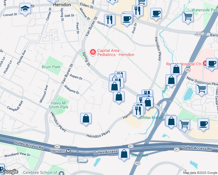 map of restaurants, bars, coffee shops, grocery stores, and more near 111 Gracie Park Drive in Herndon