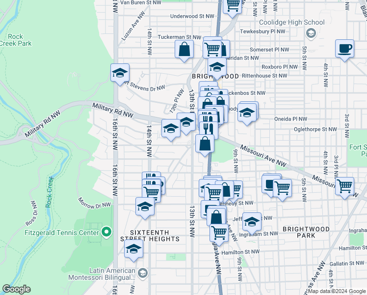 map of restaurants, bars, coffee shops, grocery stores, and more near 5754 Colorado Avenue Northwest in Washington
