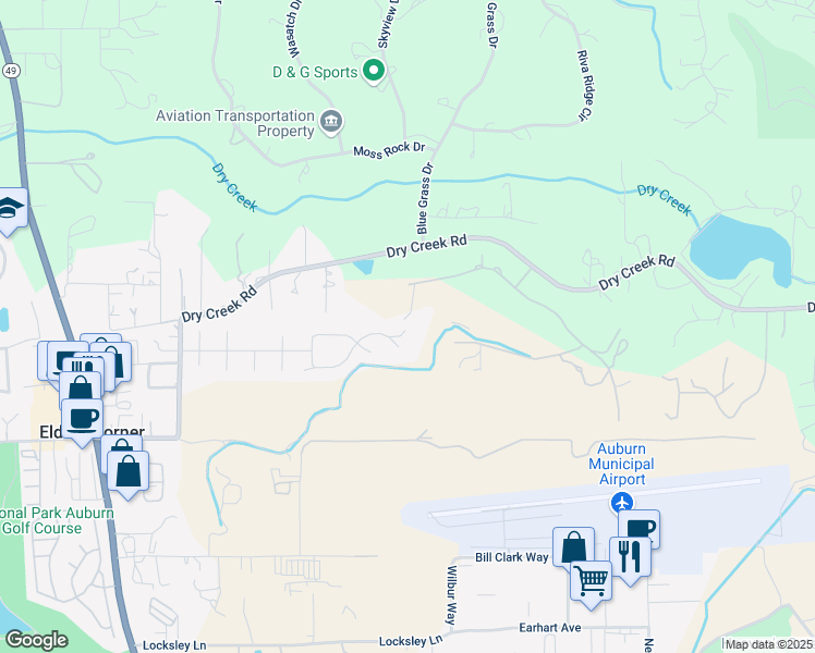 map of restaurants, bars, coffee shops, grocery stores, and more near 12525 Oak Mist Lane in Auburn