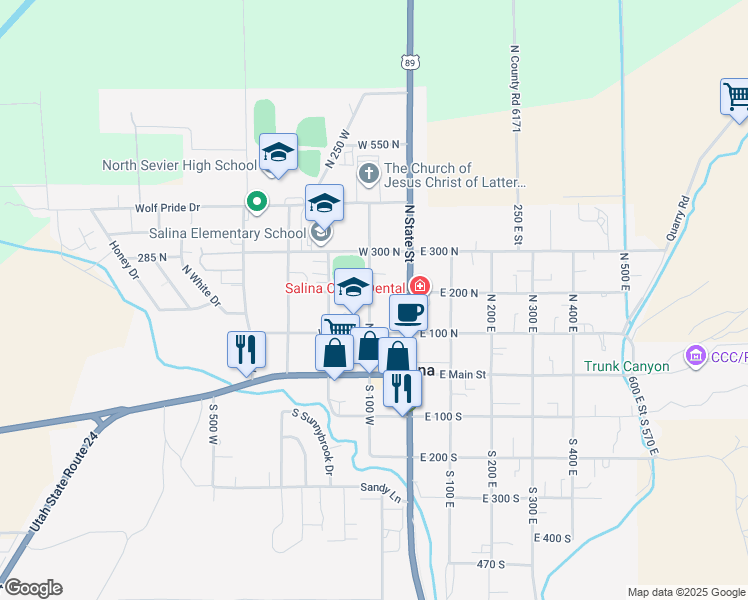 map of restaurants, bars, coffee shops, grocery stores, and more near 48 West 100 North in Salina