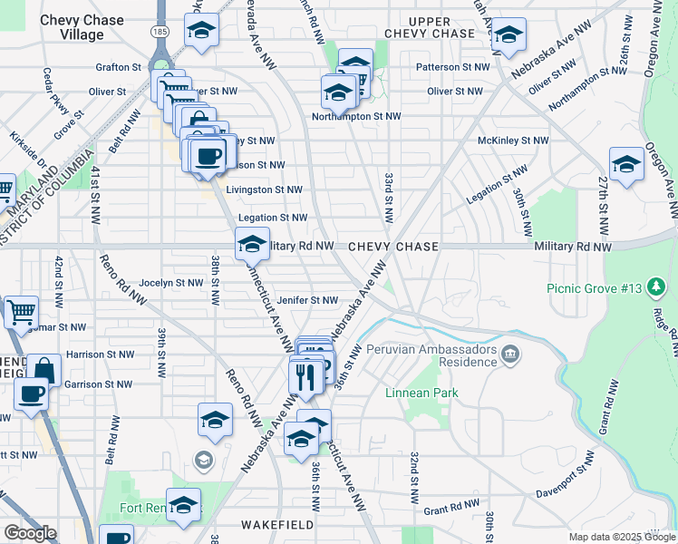 map of restaurants, bars, coffee shops, grocery stores, and more near 5332 Nevada Avenue Northwest in Washington