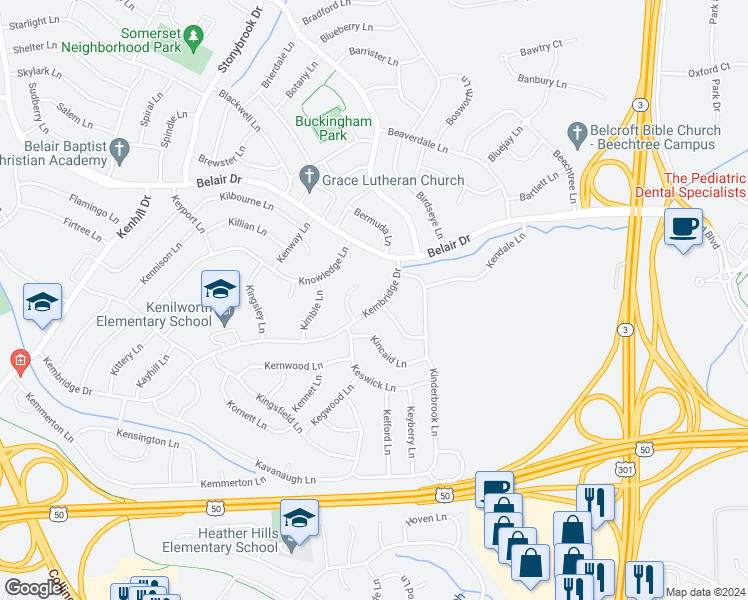 map of restaurants, bars, coffee shops, grocery stores, and more near 12720 Kembridge Drive in Bowie
