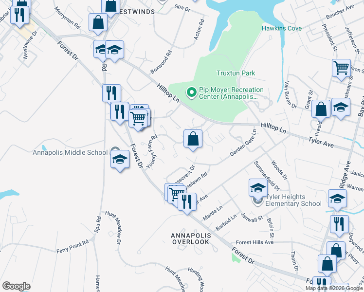 map of restaurants, bars, coffee shops, grocery stores, and more near 6 Winslow Court in Annapolis