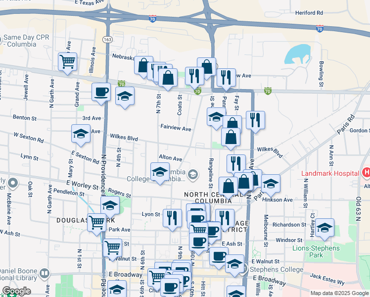 map of restaurants, bars, coffee shops, grocery stores, and more near 811 North 8th Street in Columbia