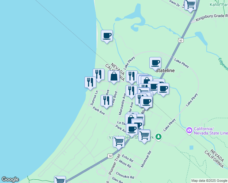 map of restaurants, bars, coffee shops, grocery stores, and more near 4107 Pine Boulevard in South Lake Tahoe