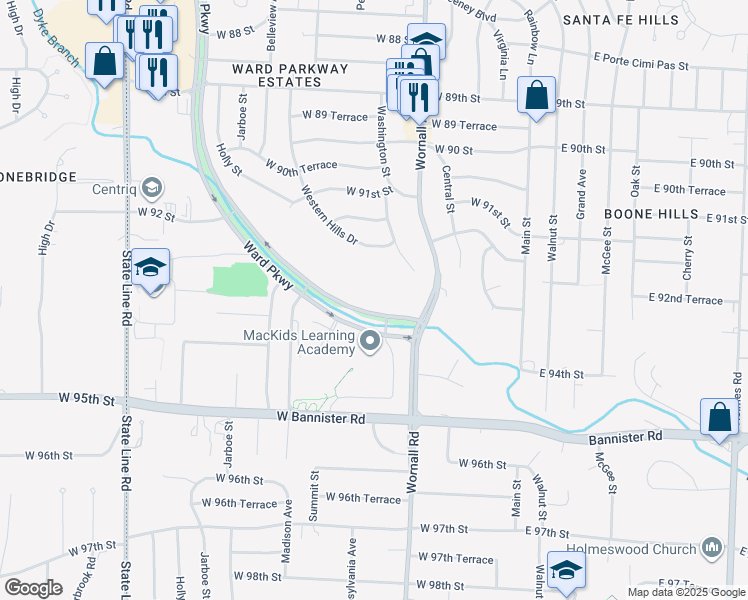 map of restaurants, bars, coffee shops, grocery stores, and more near 8237 Ward Parkway Median Crossing in Kansas City
