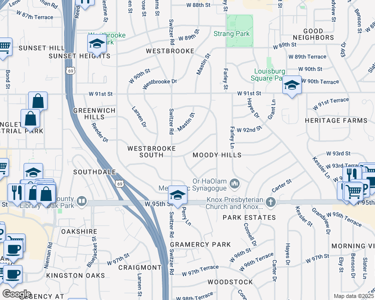 map of restaurants, bars, coffee shops, grocery stores, and more near 9220 Sturgeon Street in Overland Park