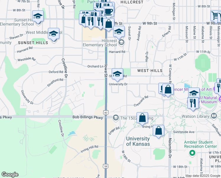 map of restaurants, bars, coffee shops, grocery stores, and more near 1319 Iowa Street in Lawrence