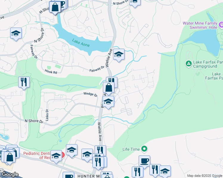 map of restaurants, bars, coffee shops, grocery stores, and more near 1675 Bandit Loop in Reston