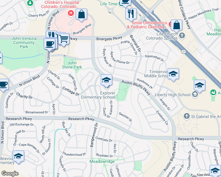 map of restaurants, bars, coffee shops, grocery stores, and more near 4190 Bardot Drive in Colorado Springs