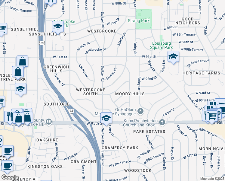 map of restaurants, bars, coffee shops, grocery stores, and more near 9220 Sturgeon Street in Overland Park