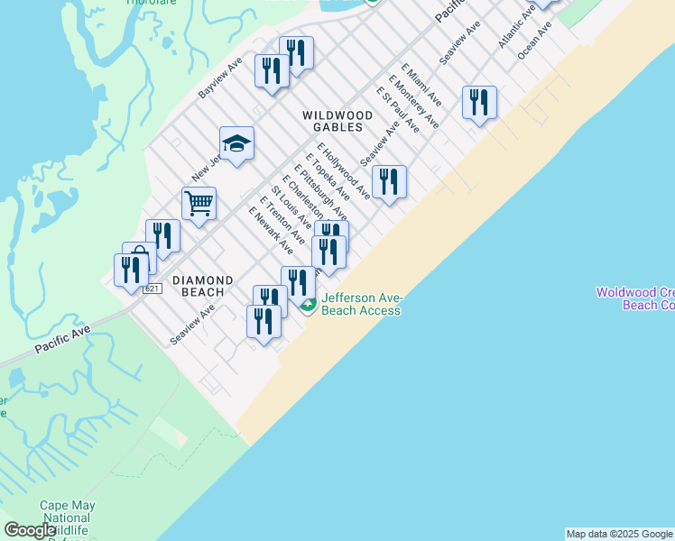 map of restaurants, bars, coffee shops, grocery stores, and more near 9103 Atlantic Avenue in Wildwood Crest