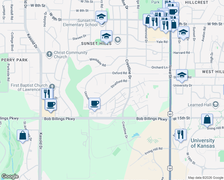 map of restaurants, bars, coffee shops, grocery stores, and more near 2818 University Drive in Lawrence
