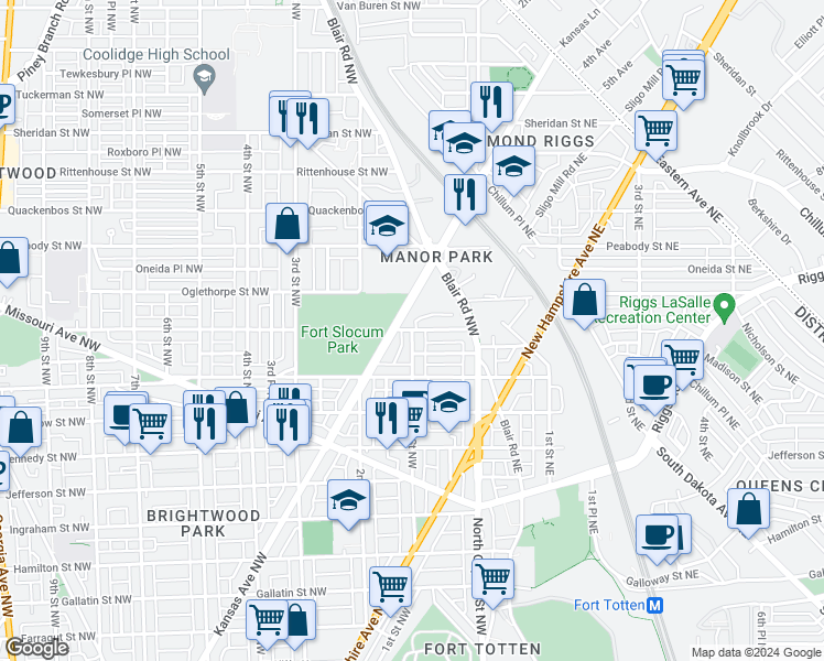map of restaurants, bars, coffee shops, grocery stores, and more near 7347 1st Street Northwest in Washington