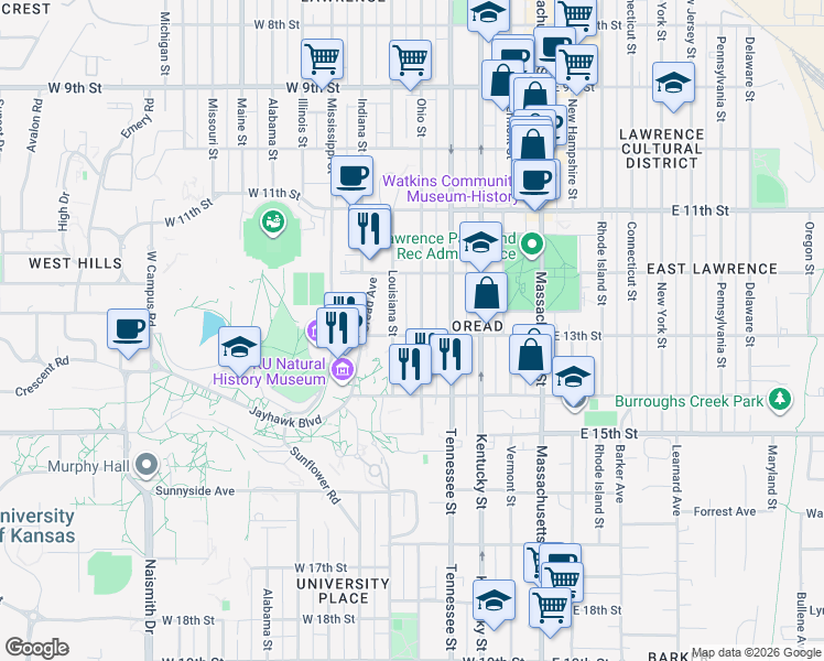 map of restaurants, bars, coffee shops, grocery stores, and more near 1247 Ohio Street in Lawrence