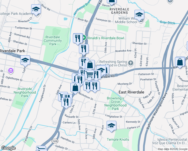 map of restaurants, bars, coffee shops, grocery stores, and more near Riverdale Road in Riverdale Park