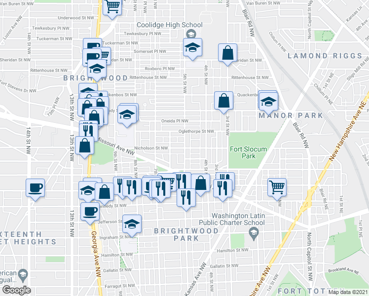 map of restaurants, bars, coffee shops, grocery stores, and more near 5th Street Northwest & Nicholson Street Northwest in Washington