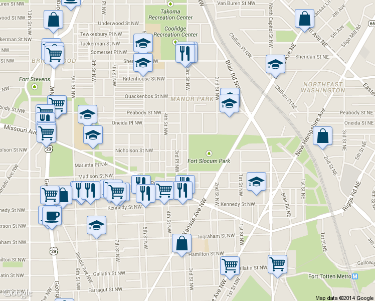 map of restaurants, bars, coffee shops, grocery stores, and more near 3rd St NW & Nicholson St NW in Washington