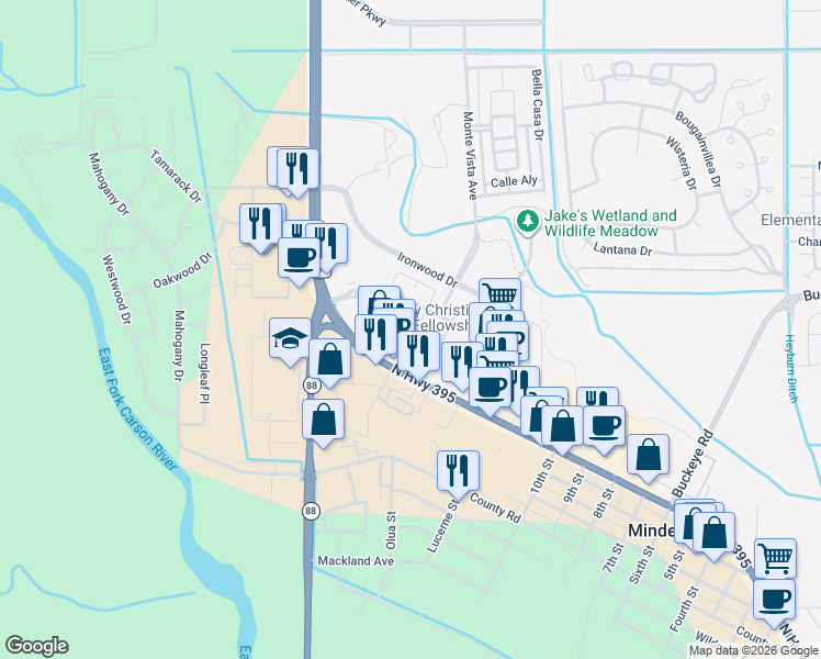 map of restaurants, bars, coffee shops, grocery stores, and more near 1675 U.S. 395 in Minden