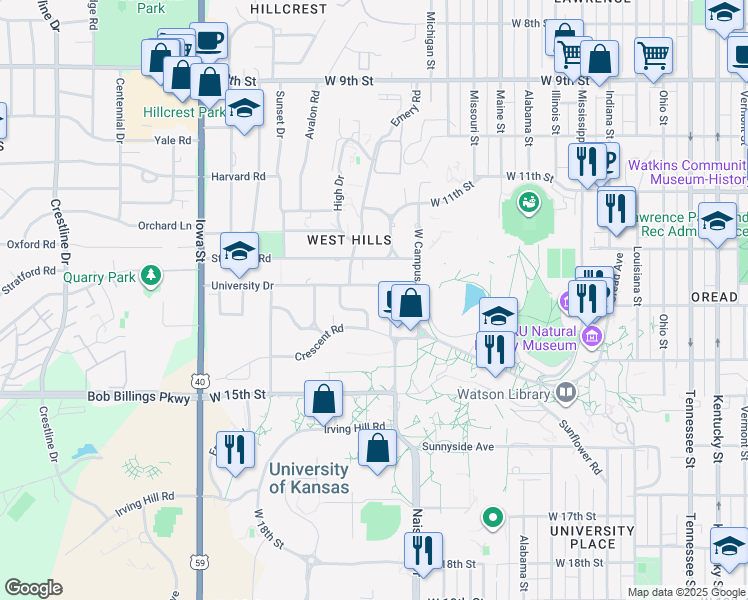 map of restaurants, bars, coffee shops, grocery stores, and more near 1515 University Drive in Lawrence