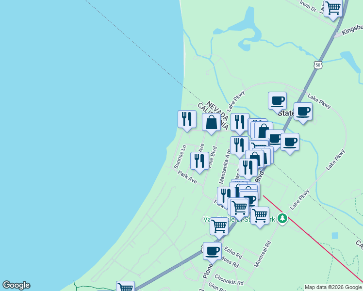 map of restaurants, bars, coffee shops, grocery stores, and more near 4061 Sunrise Lane in South Lake Tahoe