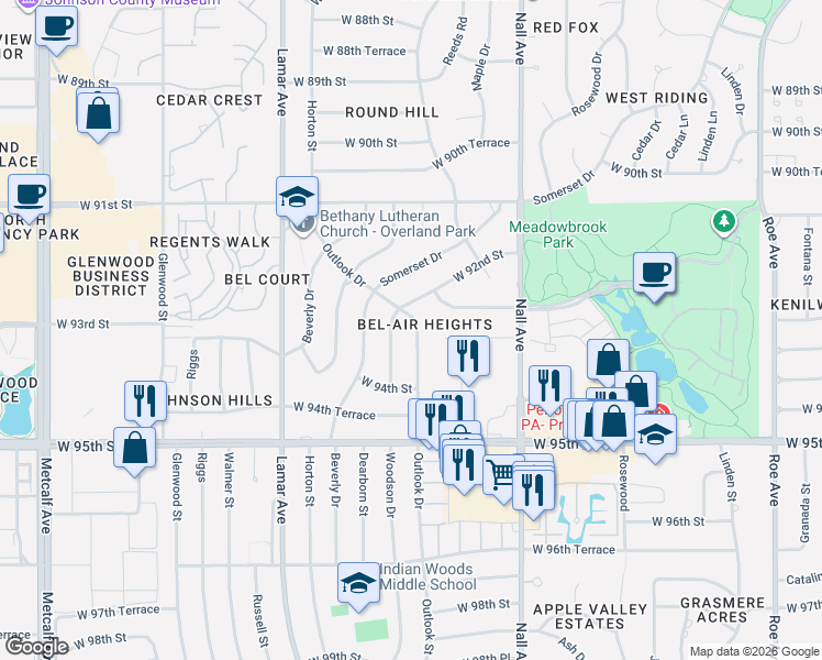 map of restaurants, bars, coffee shops, grocery stores, and more near 9315 Outlook Drive in Overland Park