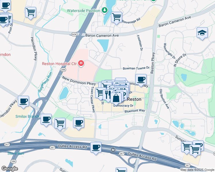 map of restaurants, bars, coffee shops, grocery stores, and more near 12025 New Dominion Parkway in Reston