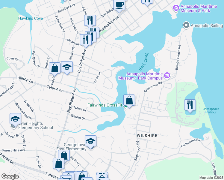 map of restaurants, bars, coffee shops, grocery stores, and more near 784 Fairview Avenue in Annapolis